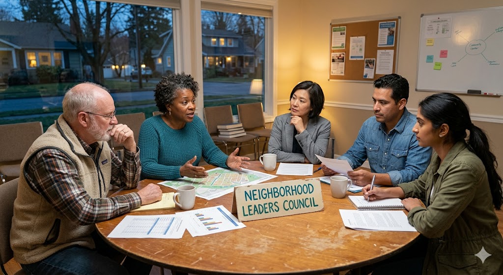 Neighborhood leaders council gathered around a table reviewing a map and notes