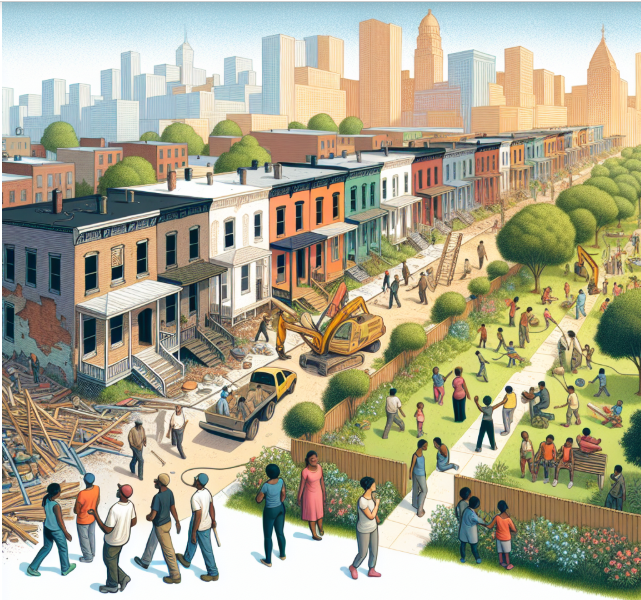 Illustrated community street scene with neighbors gathering