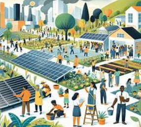 Illustrated community garden and rooftop solar scene